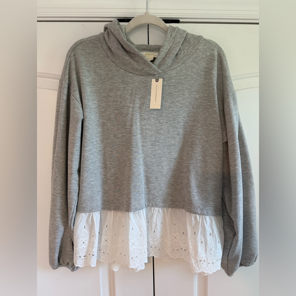 Adorable Anthropologie Gray Sweatshirt with White Lace Trim, Bubble Sleeve